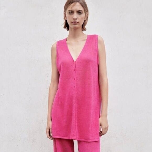 Zara Pink Linen Blend Button Front Long Sleeveless Vest NWT Size Small - Picture 2 of 5